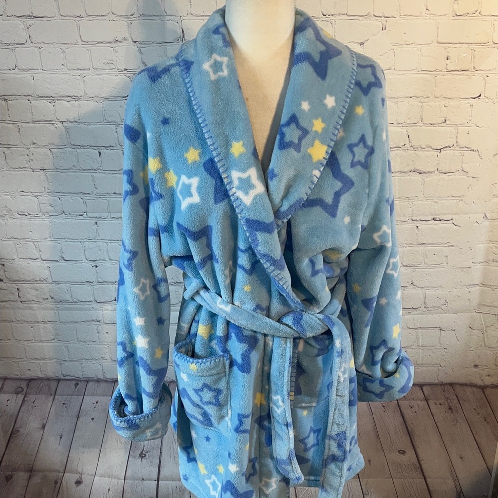 Large Croft & Barrow Blue Star fleece kimono style Robe. SOFT THICK KNEE Length